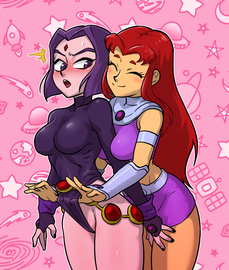 2girls, arm between breasts, bangs, bare legs, black nails, blush, bob cut, breasts, cartoon network, centinel303, closed eyes, closed mouth, clothed, couple, crop top, cropped legs, cute, dc, dc comics, duo, embarrassed, female, female only, forehead jewel, friends, innocent, jewelry, koriand'r, legd, leotard, leotard pull, lesbian, long hair, looking back, medium breasts, multiple females, multiple girls, nail polish, neck, no panties, open mouth, parted bangs, pink background, purple eyes, purple hair, pussy, rachel roth, raven (dc), red hair, shaved pussy, short hair, shy, skin tight, skirt, smile, standing, starfire, straight hair, superheroine, surprised, sweatdrop, tamaranean, teen titans, thick thighs, thighs, turtleneck, warner brothers, yuri