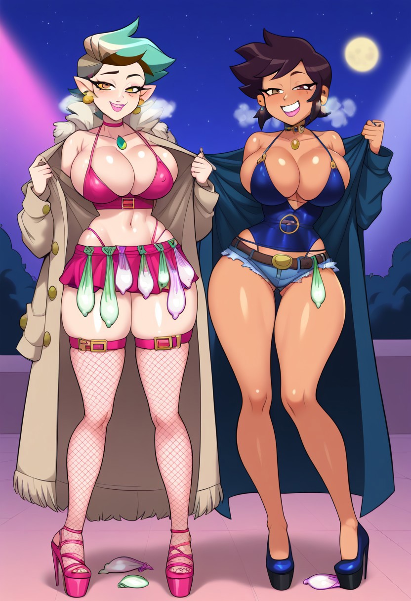 2girls ai_generated amity_blight ass coat cocktail_dress dark-skinned_female disney elbow_gloves gloves gondor952 green_hair high_heels huge_ass huge_breast luz_noceda platform_heels pointy_ears short_dress the_owl_house used_condom