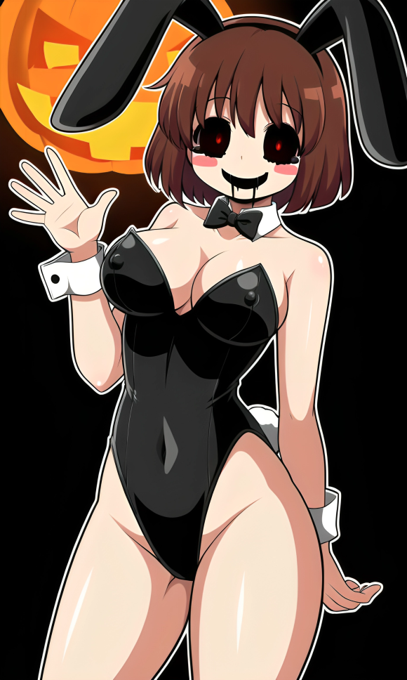 ai_generated bangs black_background black_bowtie black_eyes black_leotard blush blush_stickers bob_cut brown_hair bunny_ears bunny_girl bunnysuit chara chara_(undertale) creepy creepy_smile curvy drooling female female halloween halloween_costume pale_skin pixai pumpkin red_pupils smile smiling undertale undertale_(series) waving_at_viewer