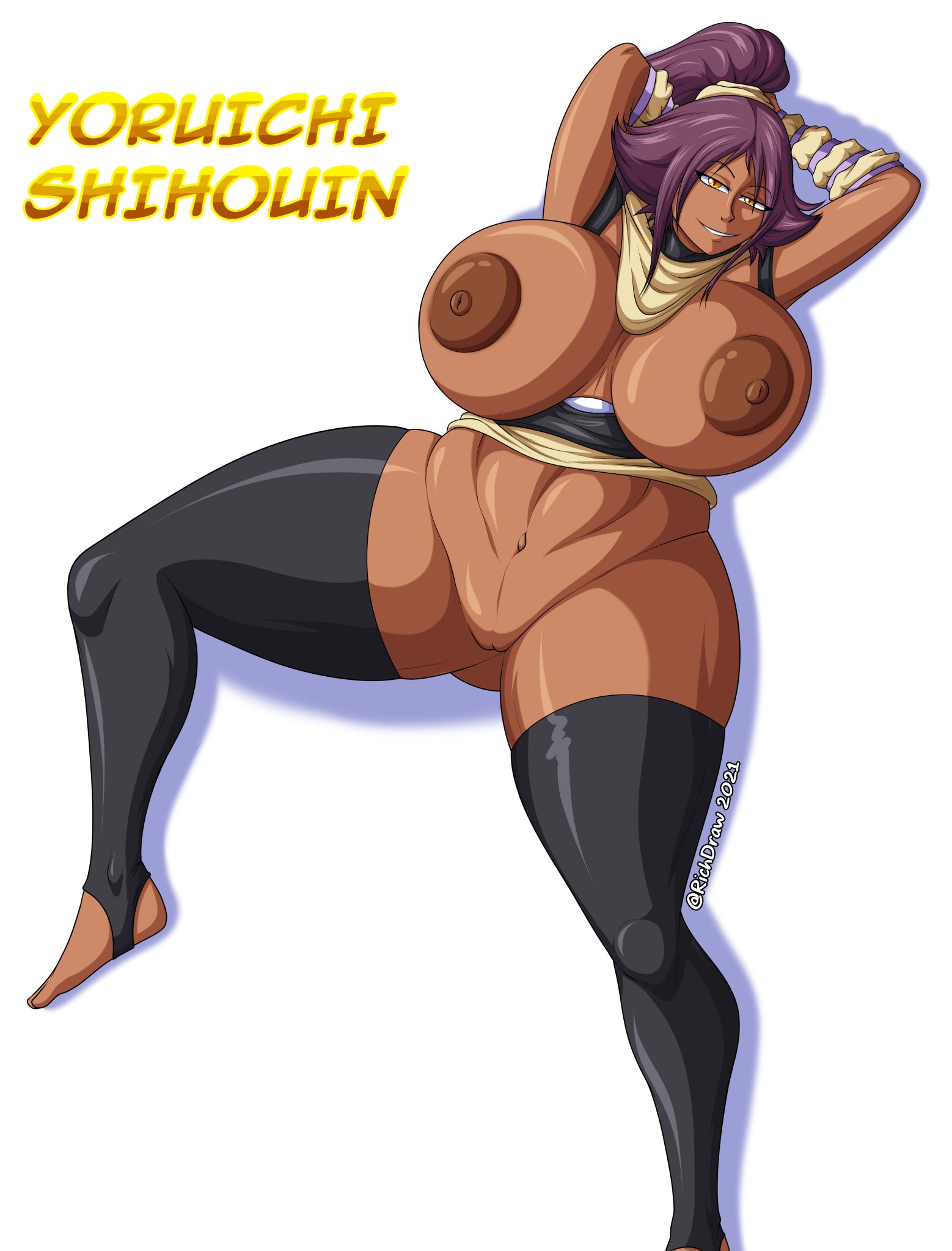 1girls, ass, big ass, big breasts, big butt, bleach, bottomless, breasts, dark skin, dark-skinned female, feet, female, huge ass, huge breasts, looking at viewer, nipples, purple hair, richdraw, shihouin yoruichi, solo, tagme, thick thighs