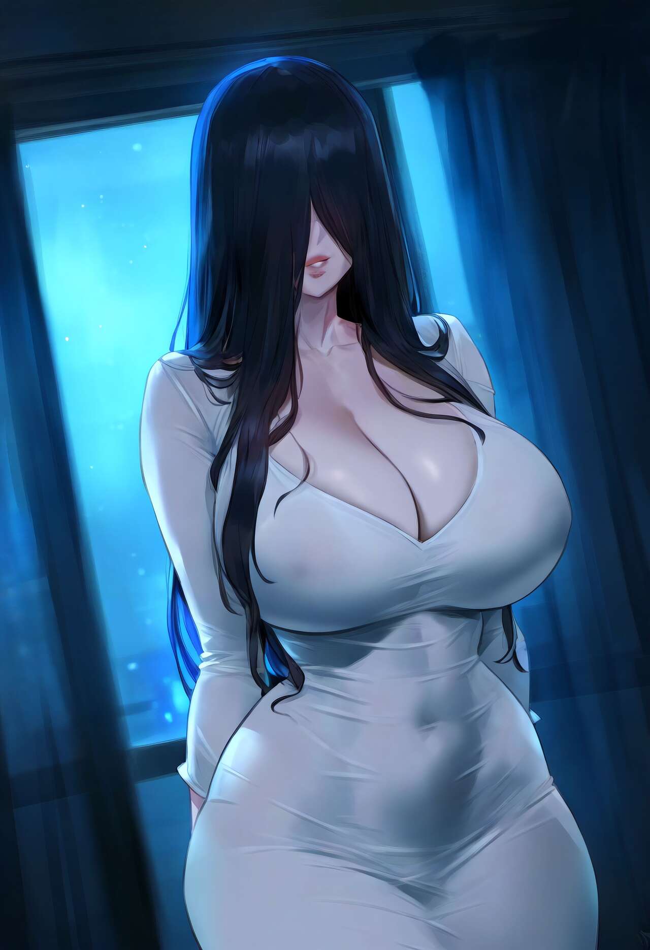 ai generated, black hair, cleavage, covered navel, female, ghost girl, hair over eyes, hair over face, mikayori, navel, navel visible through clothes, nipples visible through clothing, pale skin, solo, standing, the ring, tight clothing, white dress, yamamura sadako