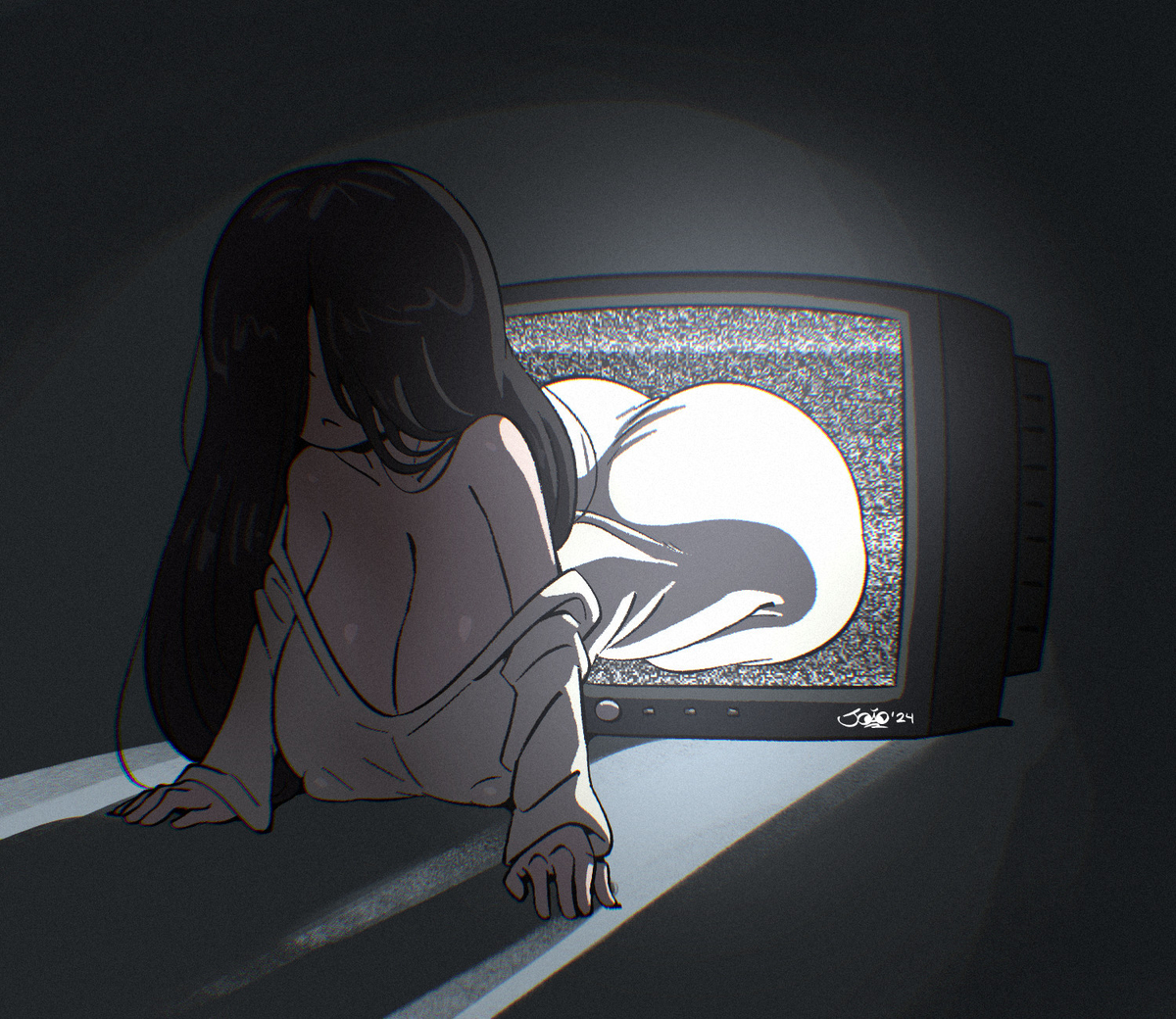 ass, big ass, big breasts, big butt, black hair, breasts, bubble ass, bubble butt, curvy female, female, ghost girl, grey skin, joaoppereiraus, light skin, light-skinned female, long hair, pale skin, pale-skinned female, the ring, white skin, yamamura sadako