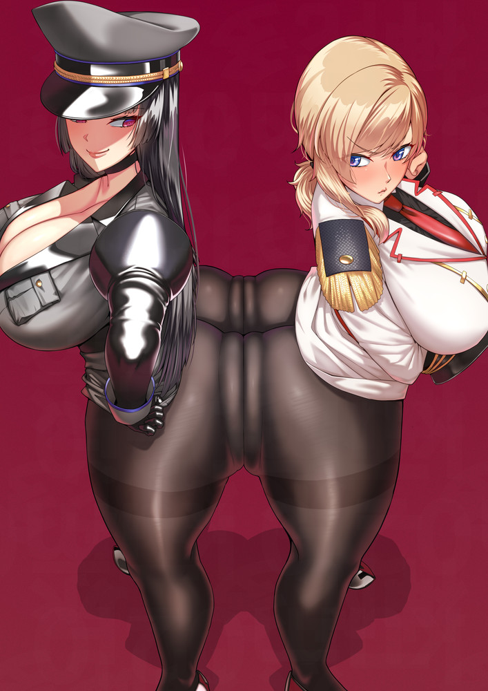 2girls ass ass_to_ass big_ass big_breasts big_butt black_hair blonde_hair blue_eyes breasts cleavage clothed_female hat kum02j0 red_eyes standing thick_thighs tights yu02j0