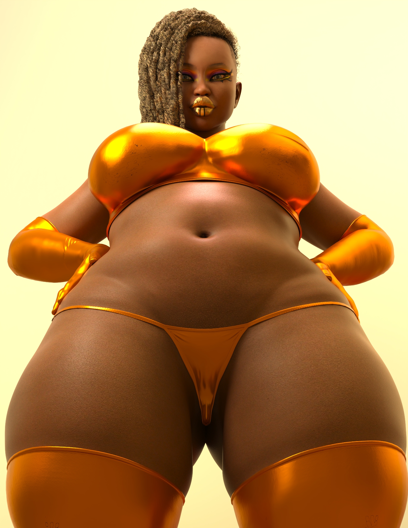 1girls, 3d, african female, big breasts, breasts, dark skin, dark-skinned female, evolluisionist, female, female only, large breasts, lipstick, looking at viewer, solo, thick thighs, wide hips