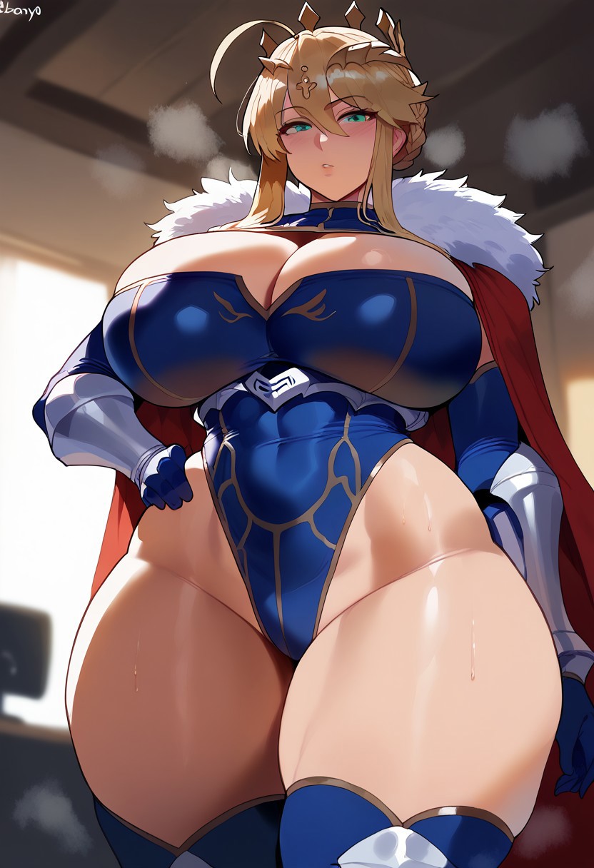 ai_generated artoria_pendragon artoria_pendragon_(lancer) blonde_hair cape cleavage crown_braid fate/grand_order fate_(series) green_eyes hand_on_hip highleg_leotard huge_breasts leotard rayasox thick_thighs thighhighs wide_hips