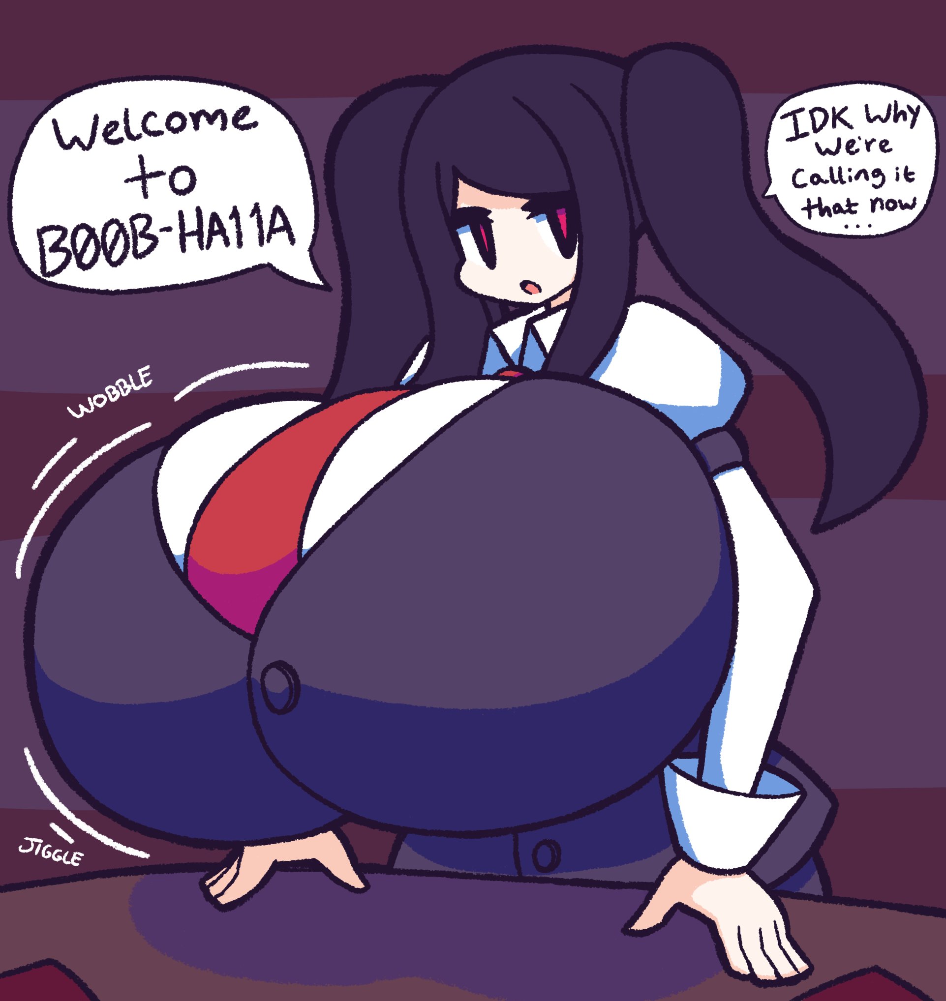 1girls, big breasts, breasts, clothes, clothing, dark hair, dialogue, female, female only, gensin, huge breasts, julianne stingray, light skin, light-skinned female, looking at viewer, red eyes, simple background, solo, tagme, text, va-11 hall-a
