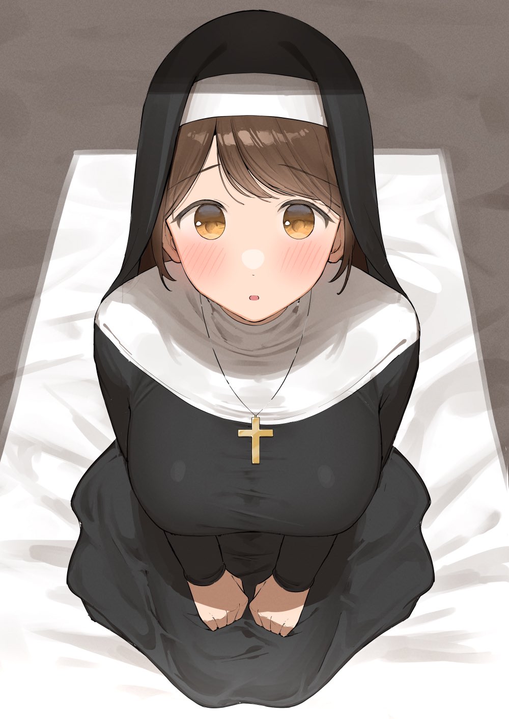 big_breasts blush brown_eyes brown_hair clothed crucifix kneeling necklace nun_outfit office_lady ol-chan_(ol_mahonanoka) ol_mahonanoka original