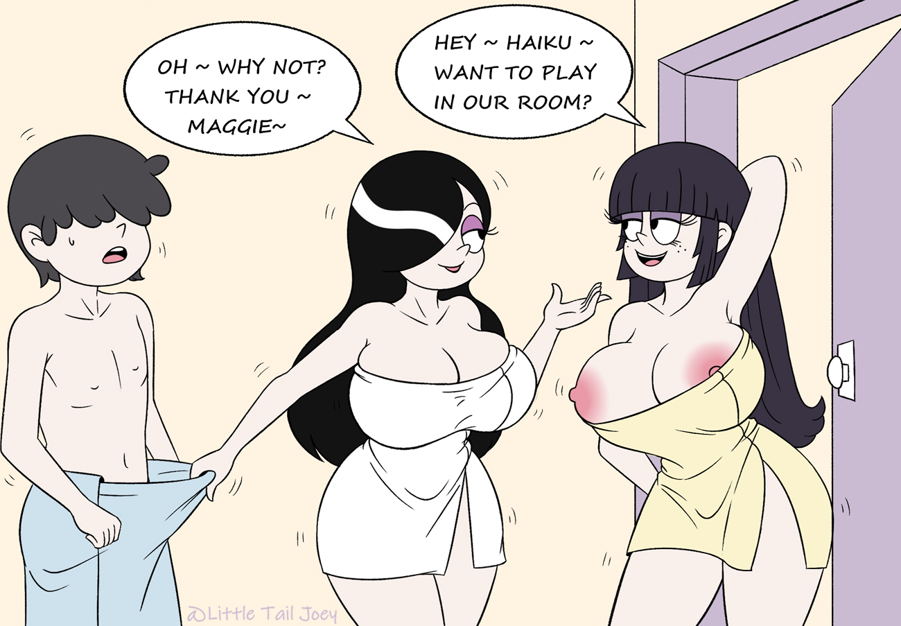 1boy, 2girls, aged up, areola, areolae, bangs, big breasts, big nipples, black hair, blunt bangs, breasts, dialogue, door, emo, emo girl, english text, female, goth, goth girl, grin, haiku (the loud house), hair over eyes, half-closed eyes, hips, huge breasts, human, human only, imminent threesome, large areolae, large breasts, lars loud, littletailjoey, looking at another, lucy loud, maggie (the loud house), male, multiple females, multiple girls, nipples, older, open mouth, puffy nipples, rule 63, smile, speech bubble, text, the loud house, thick, thick thighs, thighs, threesome, tongue, tongue out, towel, wide hips