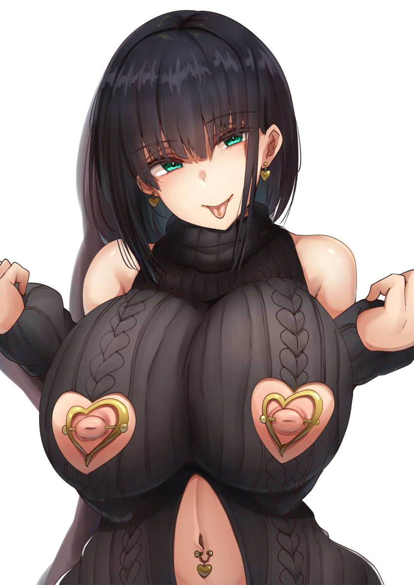:p, 1girls, 2021, absurdres, aqua eyes, bangs, bare shoulders, black hair, breasts, clothing cutout, earrings, eyebrows visible through hair, female, female focus, female only, green eyes, hair between eyes, heart, heart earrings, highres, huge breasts, jewelry, koburakko, looking at viewer, navel, navel cutout, navel piercing, nipple bar, nipple cutout, nipple piercing, nippleless clothes, nipples, original, piercing, sleeves past wrists, smile, solo, solo female, solo focus, sweater, tongue, tongue out, tongue piercing, turtleneck, turtleneck sweater
