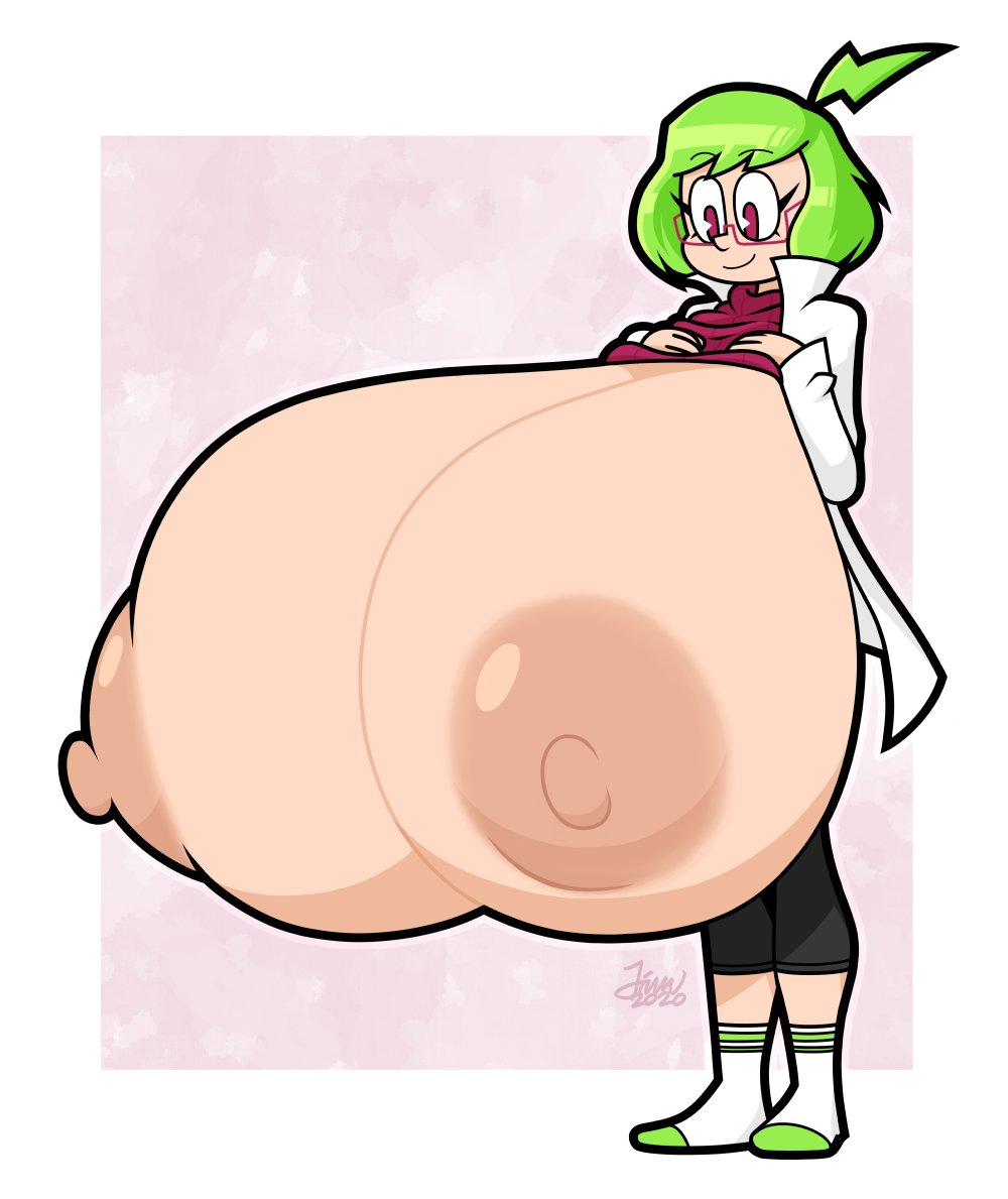 1girls, breasts, female, gigantic breasts, green hair, hyper breasts, jinnsart, labcoat, pac-man eyes, puffy nipples, red eyes, short hair, tagme