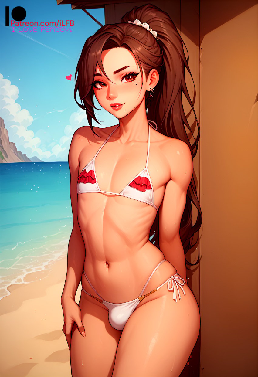 1boy, 2d, ai generated, beach, bikini, brown hair, earrings, eyeshadow, femboy, flat chest, flat chested, ilfb, long hair, male, male only, mascara, ocean, ponytail, red eyes, solo, tied hair, trap, uncensored