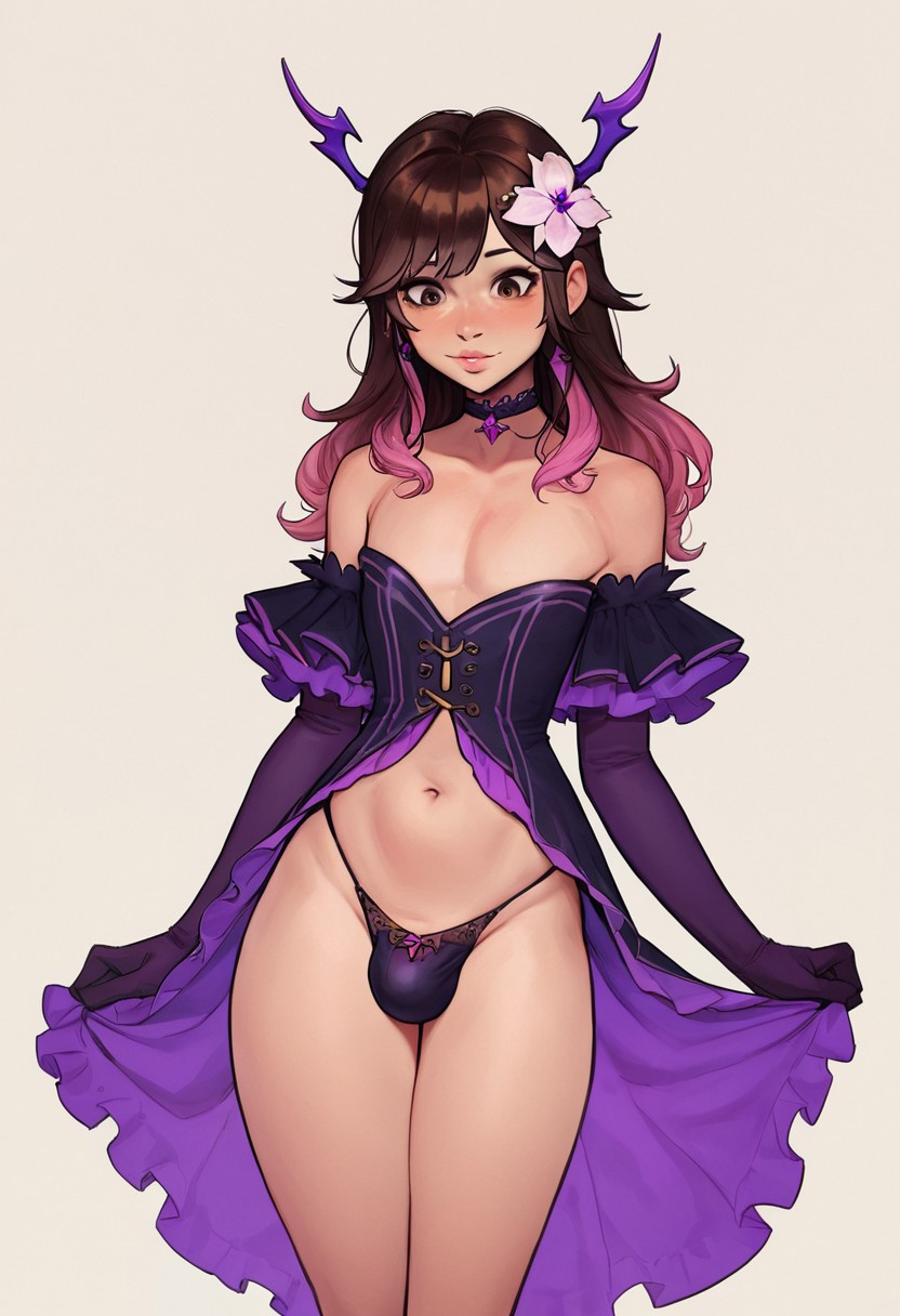 1boy ai_generated androgynous brown_eyes brown_hair bulge civitai dyed_hair femboy flower flower_in_hair hair_ornament horns long_hair male_focus male_only purple_dress purple_gloves purple_panties thick_thighs thighs truep81_(artist)