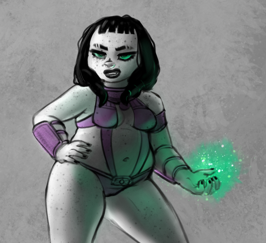 1girls armor bbw black_hair bodysuit cleavage freckles green_eyes i_am_not_starfire lipstick mandy_koriand'r nail_polish piercing plump revealing_clothes small_breasts superheroine superpowers thick_thighs twintails wide_hips