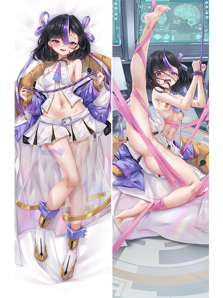 anus bandaid bandaids_on_nipples bare_shoulders barefoot bed_sheet black_hair blush bound bound_wrists breasts cirnos commentary dakimakura_(medium) earrings english_commentary feet female full_body goddess_of_victory:_nikke hair_between_eyes hair_ribbon jacket jewelry leg_tattoo leg_up long_sleeves looking_at_viewer lying medium_breasts mole mole_under_eye monitor multicolored_clothes multicolored_hair multicolored_jacket multiple_views navel necktie no_panties on_back on_floor open_mouth pasties pink_ribbon purple_eyes purple_hair purple_jacket purple_necktie purple_ribbon ribbon ribbon_bondage see-through_clothes shirt short_hair short_necktie skirt sleeveless sleeveless_shirt smile soles spread_legs streaked_hair syuen_(nikke) tattoo toes torn_clothes torn_shirt triangle_earrings two-tone_jacket variant_set white_footwear white_hair white_jacket white_shirt white_skirt