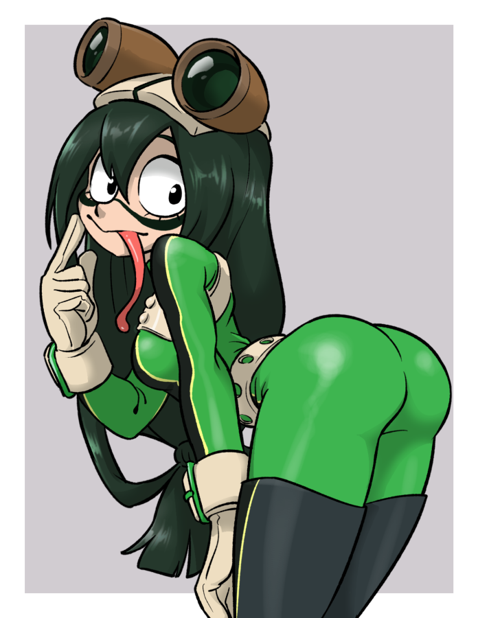 1girls, 2021, 2021s, ass, asui tsuyu, back view, bent over, black eyes, bodysuit, boku no hero academia, boots, breasts, centinel303, clothed, clothing, eyewear, female, female focus, female only, footwear, gloves, goggles, goggles on head, green hair, grey background, handwear, hero outfit (mha), hi res, leaning forward, long hair, long tongue, looking back, my hero academia, shaded, simple background, skin tight, solo, solo female, solo focus, superheroine, tight clothing, tongue, tongue out, tsuyu asui