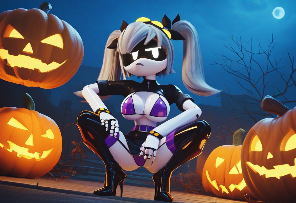 ai_generated bra breasts glitch_productions halloween high_heel_boots high_heels huge_breasts j_(murder_drones) murder_drones pumpkin robot thigh_boots twintails whip