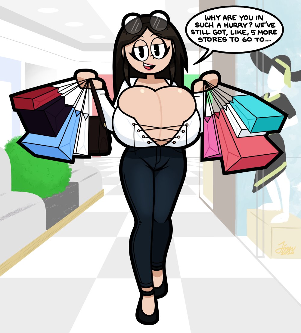 1girls big_breasts black_hair boob_window breasts carrying carrying_bag casual casual_nudity clothed cute female huge_breasts inner_sideboob jinnsart looking_at_viewer mall no_bra pac-man_eyes public public_nudity shopping shopping_bag shopping_mall source_request talking_to_viewer teasing text