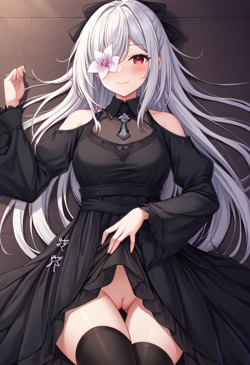 black_dress black_thighhighs blush drag-on_dragoon_3 drakengard_3 flower_in_eye long_hair looking_at_viewer lying nier_(series) nier_reincarnation no_panties no_panties_under_skirt pink_eyes pussy ribbon smile thighhighs thighs upskirt white_hair zero_(drag-on_dragoon) zero_(drakengard)