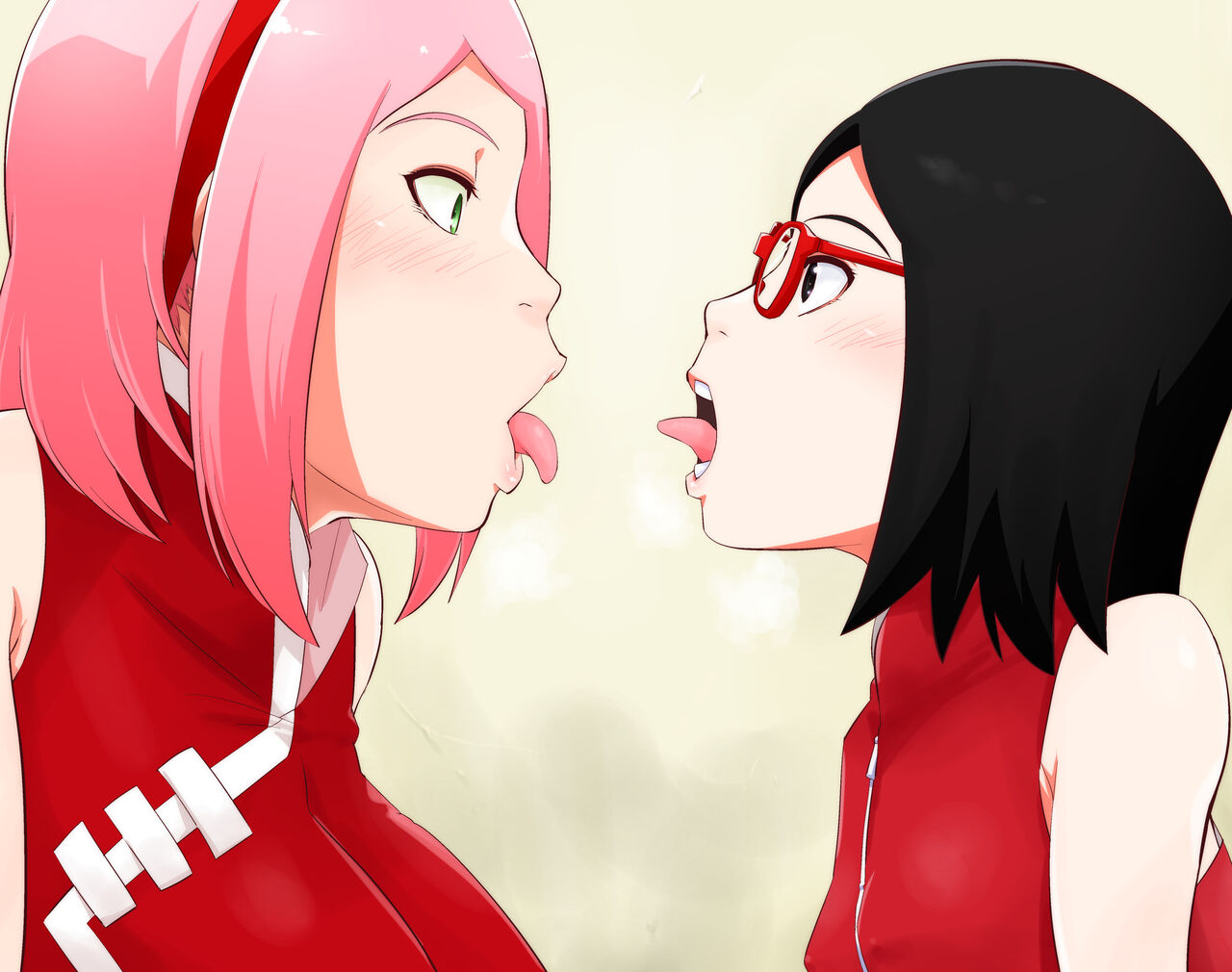 2girls age_difference black_eyes black_hair boruto:_naruto_next_generations breasts covered_erect_nipples erect_nipples erect_nipples_under_clothes female_focus glasses green_eyes implied_sex large_breasts licking mature_female mother_and_daughter multiple_girls naruto naruto_(series) older_woman_and_teenage_girl open_mouth sakura_haruno sarada_uchiha short_hair small_breasts source_request sunahara_wataru teeth yuri