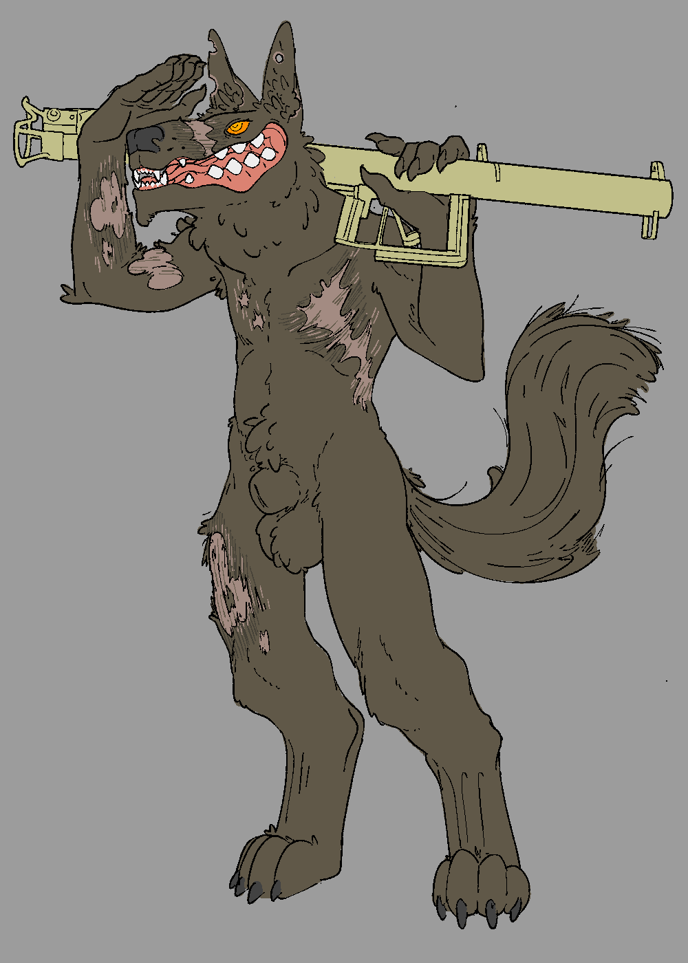 2021 animal_genitalia anthro balls brown_body brown_fur canid canine corporal_(xenopera) digitigrade facial_scar fangs fully_sheathed fur genitals grey_background hi_res holding_object holding_weapon male male_only mammal notched_ear orange_eyes orange_sclera panzerschrecker paws ranged_weapon scar sheath simple_background solo solo_male standing weapon were werecanid werecanine werewolf xenopera