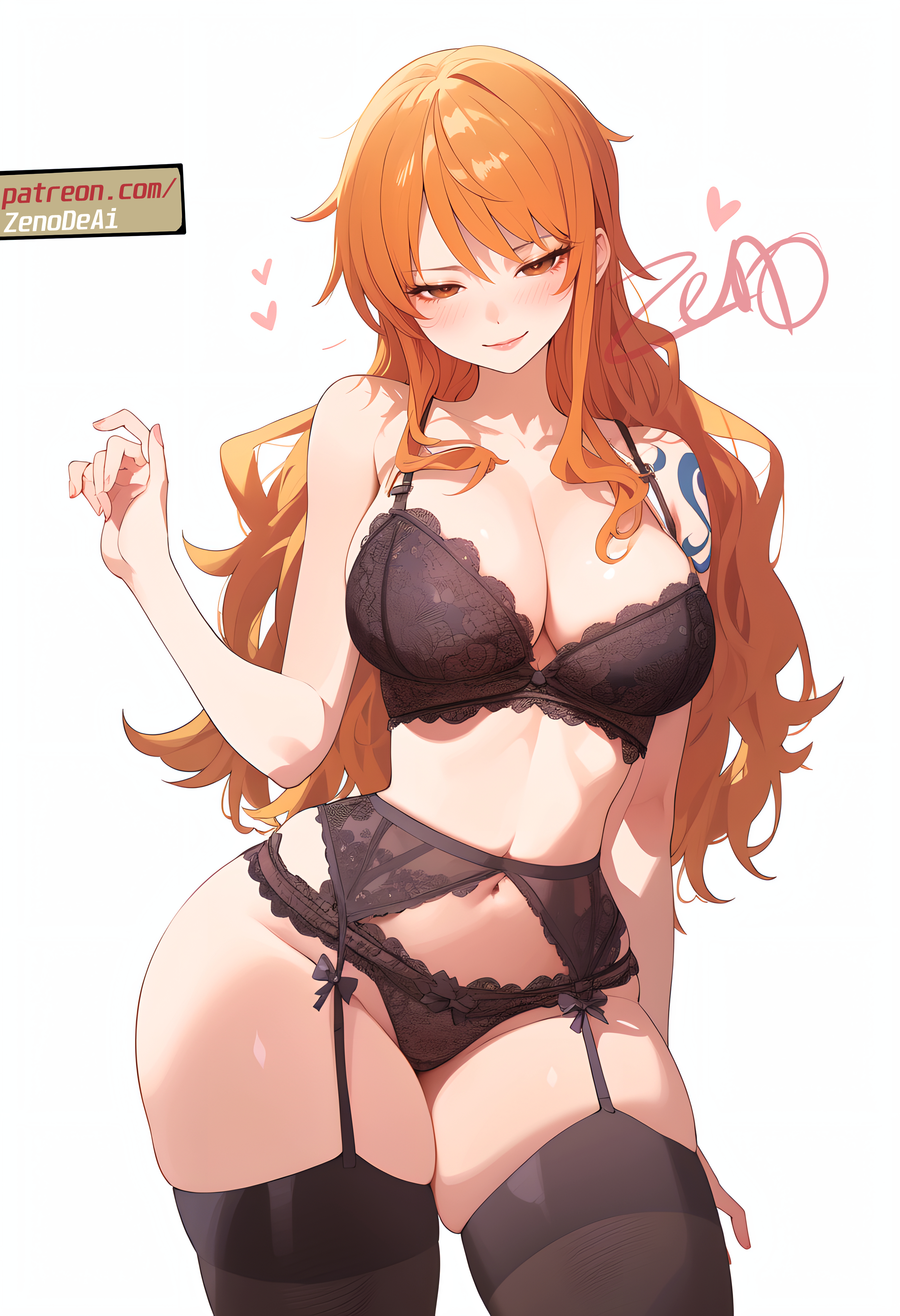 ai generated, ass visible through thighs, bare shoulders, belly button, big breasts, black bra, black panties, black thighhighs, blush, bra, breasts, cleavage, closed mouth, collarbone, female, female only, garter belt, garter straps, lace-trimmed bra, lace-trimmed panties, lingerie, long hair, nami (one piece), one piece, orange eyes, orange hair, panties, smile, tattoo, tattoo on arm, thick thighs, thighhighs, thighs, underwear, zenonde2nd, zettai ryouiki