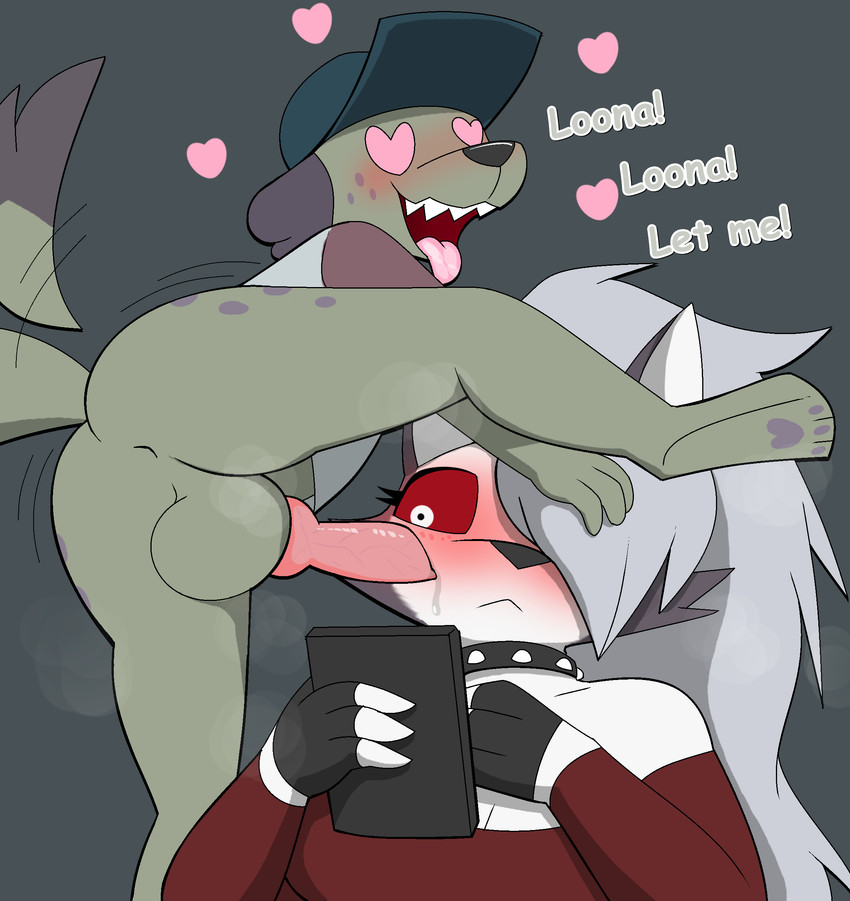 1boy, 1girls, age difference, animal genitalia, animal penis, anthro, anthro female, anthro male, anthro on anthro, anthro only, anus, ass, balls, big balls, blush, bottomless, bottomless male, breasts, canid, canine, canine genitalia, canine penis, canis, cub, dialogue, domestic dog, dominant male, dominant young, duo, english, english text, female, fingerless gloves, fur, furry, furry female, furry male, furry only, grey fur, grey hair, hair over one eye, heart eyes, heart-shaped pupils, hearts around head, helluva boss, horny, in heat, knot, larger female, long hair, loona (helluva boss), male, male cub, male/female, older female, older female and younger male, pencil bolt, penis, phone, size difference, smaller male, spiked collar, tagme, text, the hellhound kid, two-tone body, two-tone fur, url, white body, white fur, wolf, wolf girl, young, young anthro, young male, younger male