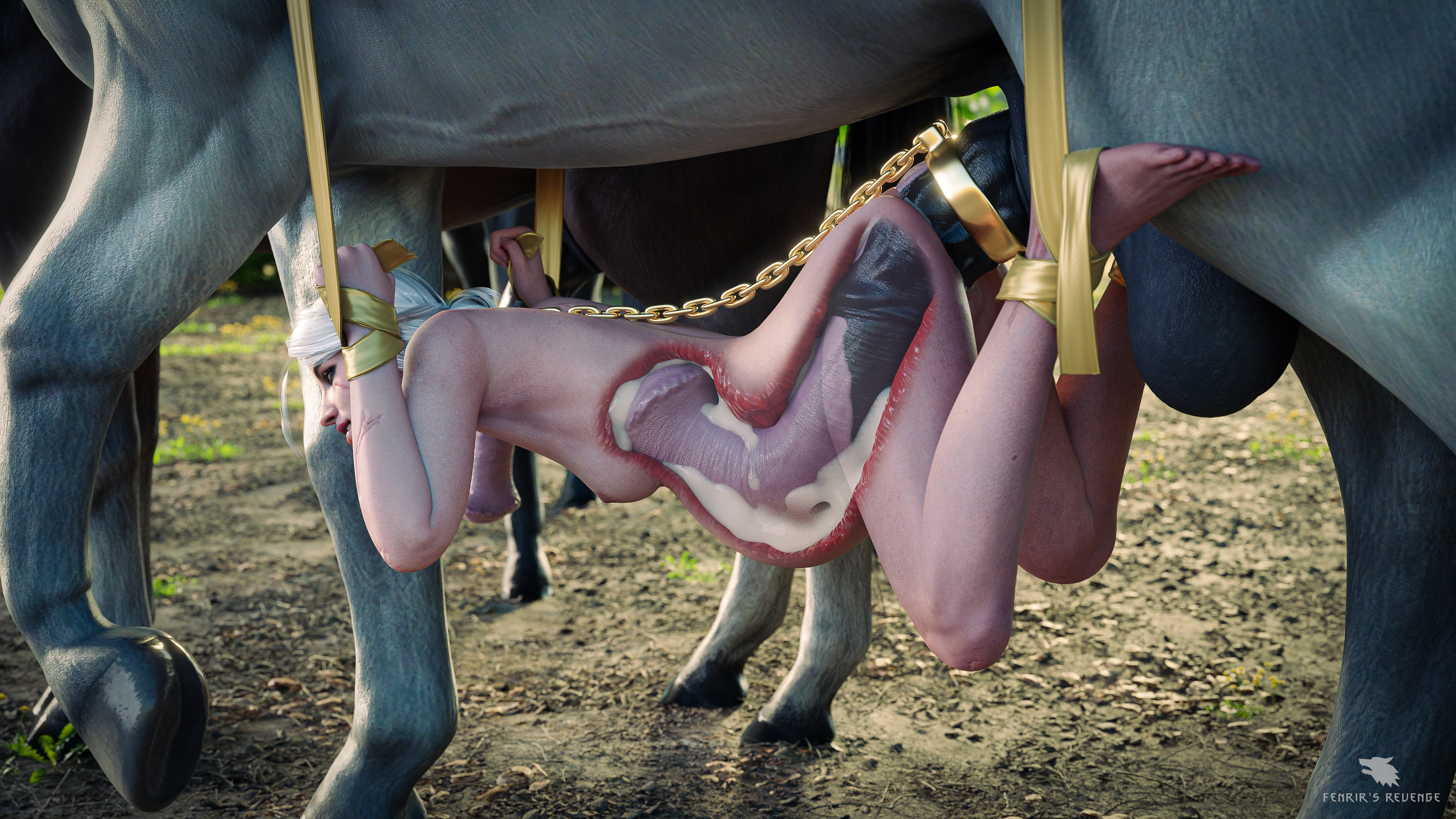 1girls, 3d, 4k, abs, absurdres, anal, anal sex, animal genitalia, areolae, ass, belly bulge, belly riding, blender, bondage, breasts, cd projekt red, chained to penis, ciri, cum, cum in ass, cum inflation, cum inside, cumflation, deep penetration, erection, eyeshadow, female, fenrir'srevenge, gigantic penis, green eyes, highres, horse, horsecock, huge cock, inflation, large penis, long penis, male, mascara, nipples, nude, penis, pleasure face, rolling eyes, runny makeup, scar, sex, skinny, slim, small ass, suspended, the witcher (series), the witcher 3: wild hunt, tied hair, white hair, witch, x-ray, zoophilia