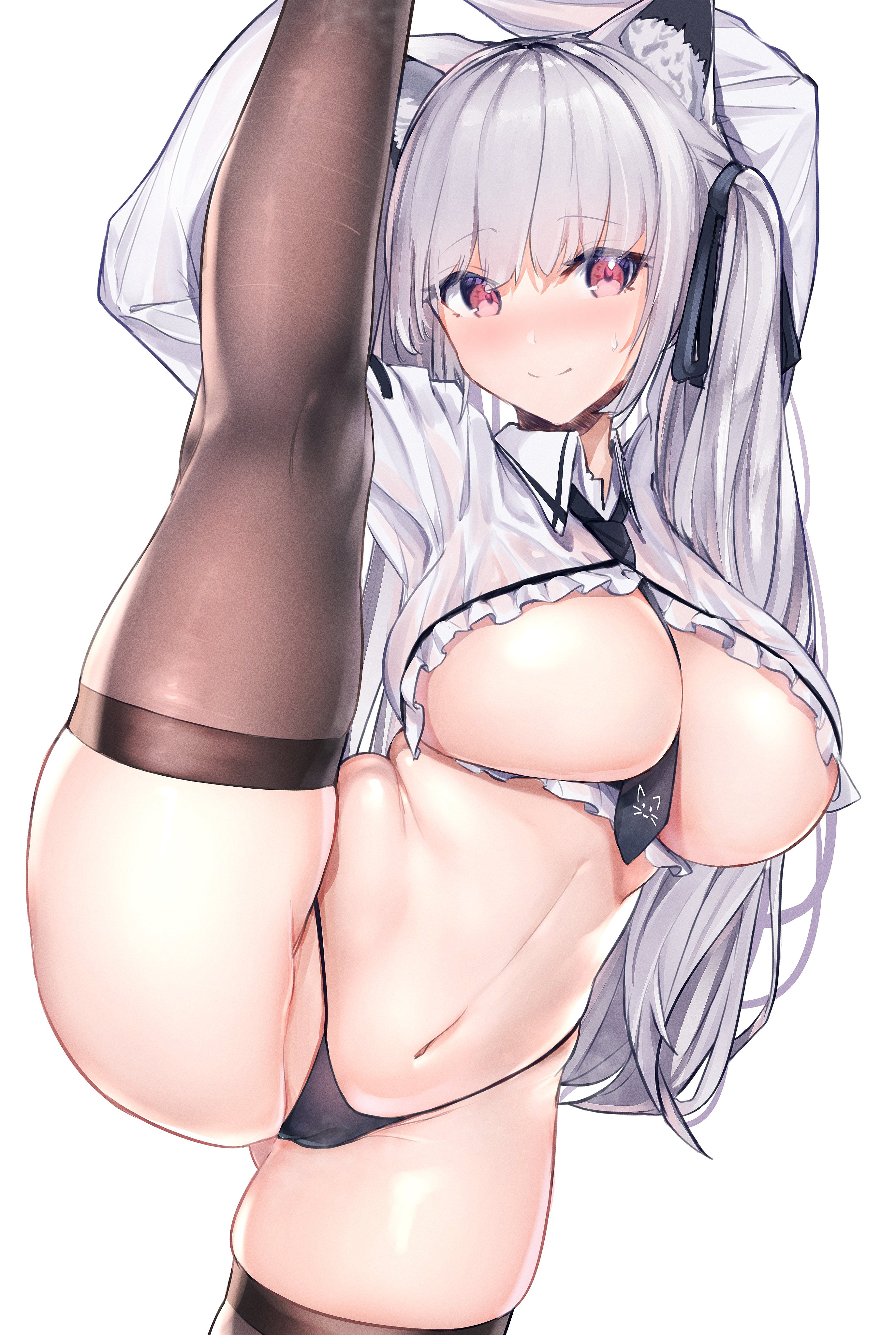 1girls, 2020, absurdres, animal ear fluff, animal ears, arms up, aruvina (gu luco), ass visible through thighs, bangs, between breasts, black neckwear, black panties, blush, breasts, brown legwear, cameltoe, cat ears, cat girl, cleavage, collared shirt, cowboy shot, crop top, female, female focus, female only, flexible, frills, gu luco, hair ribbon, highleg, highleg panties, highres, large breasts, leg lift, leg up, long hair, long sleeves, looking at viewer, midriff, navel, necktie, necktie between breasts, no bra, no pants, nose blush, original, panties, pussy, red eyes, revealing clothes, ribbon, shirt, silver hair, simple background, skindentation, smile, solo, solo female, solo focus, split, splits, standing, standing on one leg, standing split, stomach, string panties, sweat, thighhighs, thighs, twintails, underwear, vertical splits, voluptuous, white background, white shirt