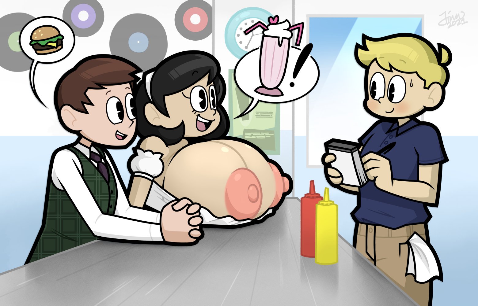 breasts, exposed breasts, female, henry (jinnsart), holly (jinnsart), huge breasts, jinnsart, nipples, nipples out, pac-man eyes, public nudity, restaurant, tagme, waiter