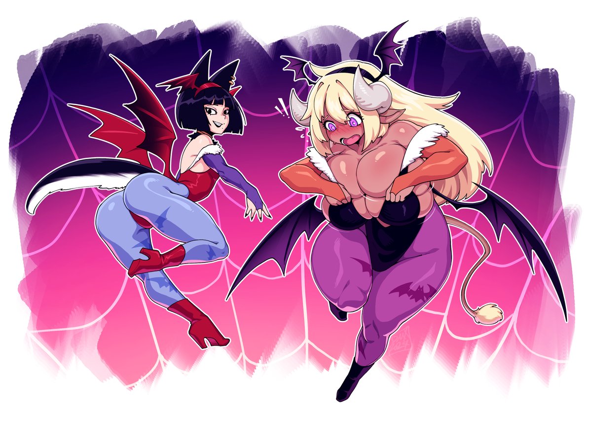 2girls ass big_ass big_breasts blonde_hair booty breasts breasts cosplay cow_girl cow_horns darkstalkers dmxwoops female female_only gigantic_breasts huge_breasts large_breasts lilith_aensland_(cosplay) long_hair margarine_(deumosden) massive_breasts monochrome morrigan_aensland_(cosplay) multi_breast pantyhose purple_eyes purple_hair struggling_to_fit thick_thighs