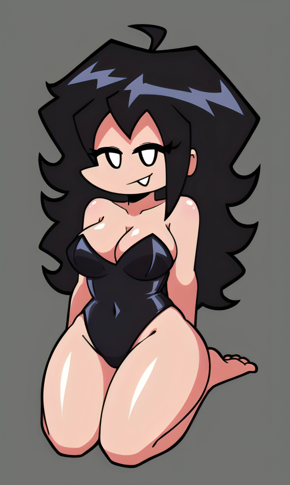 1girl ai_generated bangs black_hair black_leotard breasts bunnysuit clothed curvy feet friday_night_funkin gray_background hands_behind_back kneeling long_hair messy_hair nene_(newgrounds) newgrounds pixai simple_background smug solo thick_thighs white_eyes