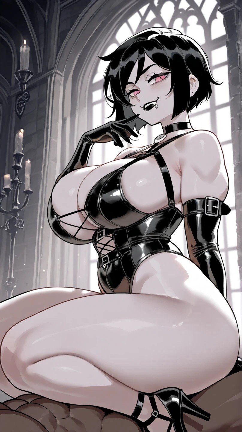 1girls, ai generated, alternate hairstyle, ashley graves, astrawaifu, big breasts, black hair, breasts, curvy, curvy female, curvy figure, dark skin, dark-skinned male, dominatrix, female, goth, goth girl, interracial, large breasts, latex, latex clothing, light skin, light-skinned female, lip piercing, looking at viewer, male, pale skin, pale-skinned female, piercing, pink eyes, sitting on person, the coffin of andy and leyley, thick thighs, vampire, vampire girl