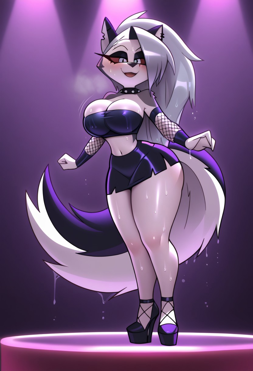 ai_generated breasts cleavage female fishnet_sleeves furry gondor952 hellhound helluva_boss high_heels huge_breasts loona_(helluva_boss) skirt thick_thighs thighs