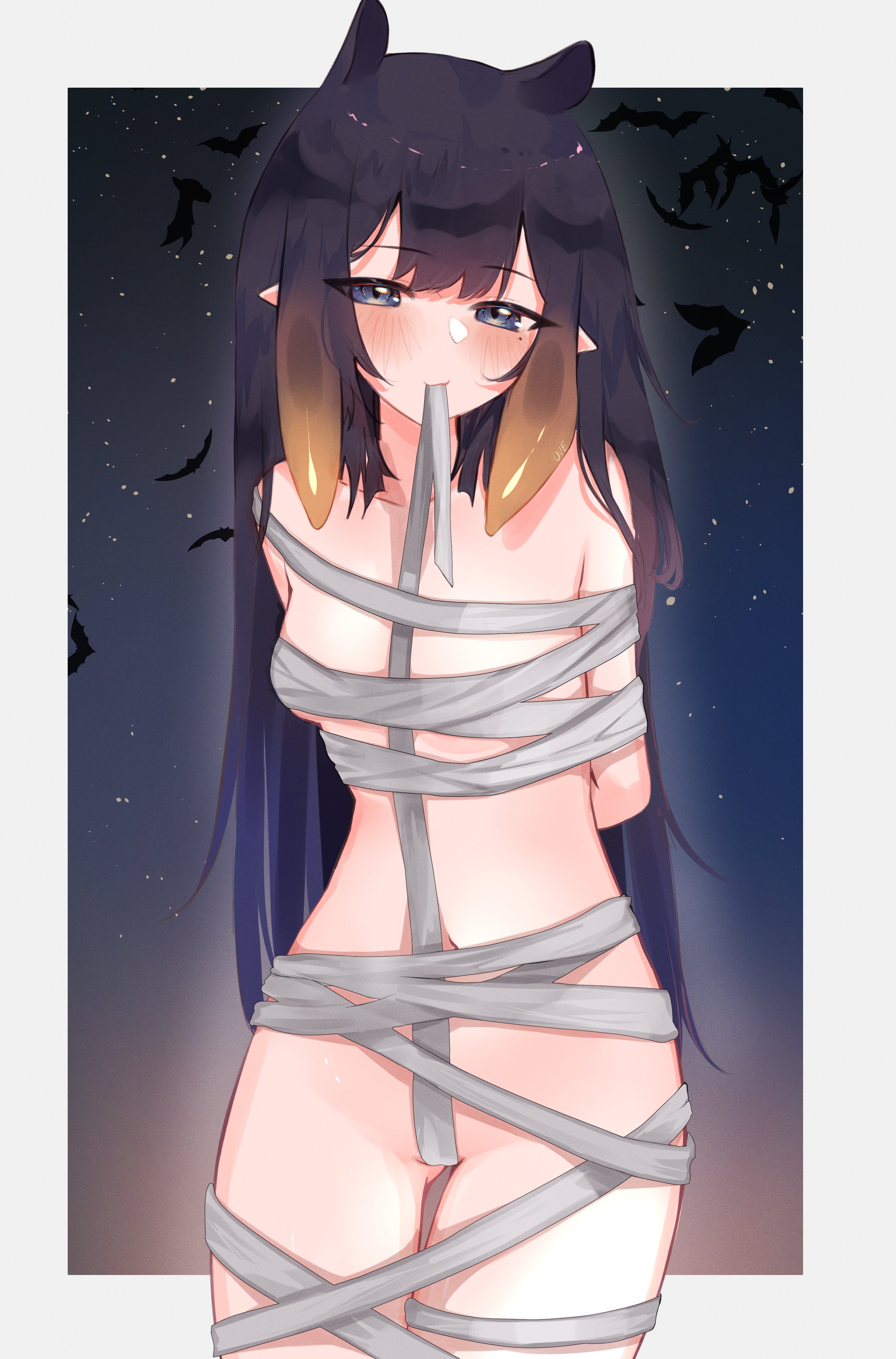 1girls, artist request, breasts, female, halloween, halloween costume, hololive, hololive english, hololive myth, midriff, mummy, mummy costume, mummy wrappings, navel, ninomae ina'nis, revealing clothes, skimpy, skimpy clothes, small breasts, solo, virtual youtuber, vtuber
