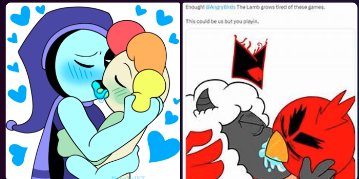 2d_(artwork) angry_birds astro_(dandy's_world) cult_of_the_lamb cutoff dandy's_world dandy_(dandy's_world) hearts_around_head kissing lamb_(cult_of_the_lamb) making meme mr.dumpy not_my_art out red_angry_birds repost roblox shitpost stolen_art