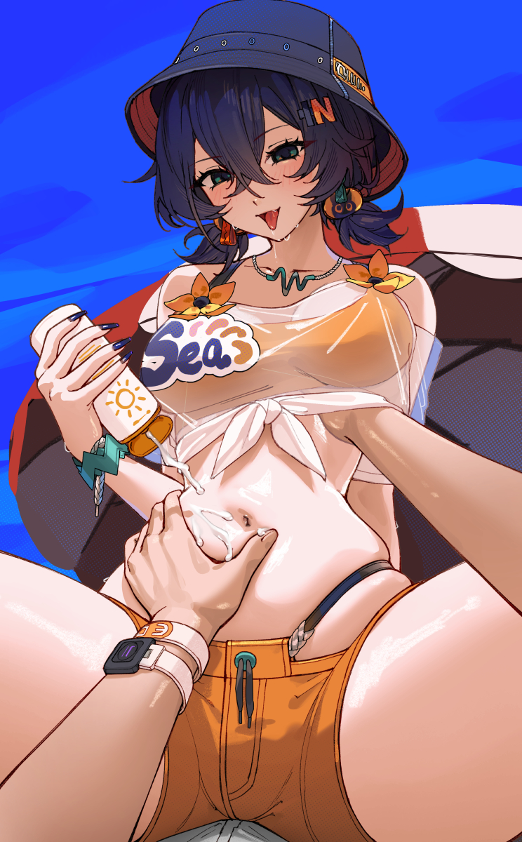 1boy, alternate version available, applying sunscreen, belle (summer skies) (zenless zone zero), belle (zenless zone zero), black hat, blue hair, breasts, brother and sister, bucket hat, collarbone, crossed bangs, female, fingernails, grabbing another's breast, grabbing another's stomach, green eyes, groping, hair between eyes, hair ornament, hat, highres, incest, large breasts, letter hair ornament, looking at viewer, male, nail polish, navel, official alternate costume, out of frame, pov, see-through clothes, see-through shirt, sharp fingernails, shirt, short shorts, short sleeves, short twintails, shorts, siblings, solo focus, suggestive fluid, tied shirt, tongue, tongue out, twintails, waytok, white shirt, wise (peaceful waves) (zenless zone zero), wise (zenless zone zero), zenless zone zero