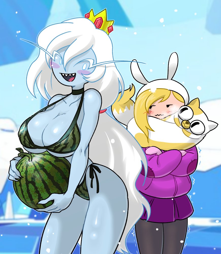 3girls, adventure time, bikini, blonde hair, blue skin, blush, blush stickers, breasts, cake the cat, centinel303, choker, cleavage, crown, feline, female, female only, fionna the human girl, ice queen (adventure time), large breasts, long hair, open mouth, sharp teeth, smile, snow, underboob, watermelon, white hair