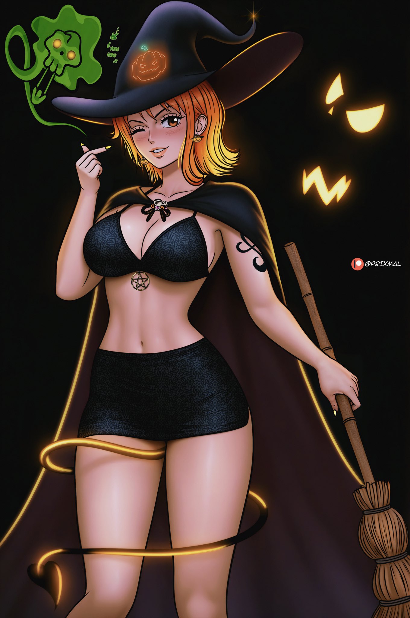 big_breasts black_bra black_miniskirt brook_(one_piece) broom brown_eyes busty cape devil_tail exposed_legs exposed_torso female female_only ginger_hair halloween holding_object lipstick midriff miniskirt nami nami_(one_piece) navel one_piece orange_eyes orange_hair painted_nails pentagram pre_timeskip prixmal seductive seductive_eyes seductive_look seductive_smile short_hair short_skirt skirt tail tattoo tattooed_arm winking winking_at_viewer witch_costume witch_hat