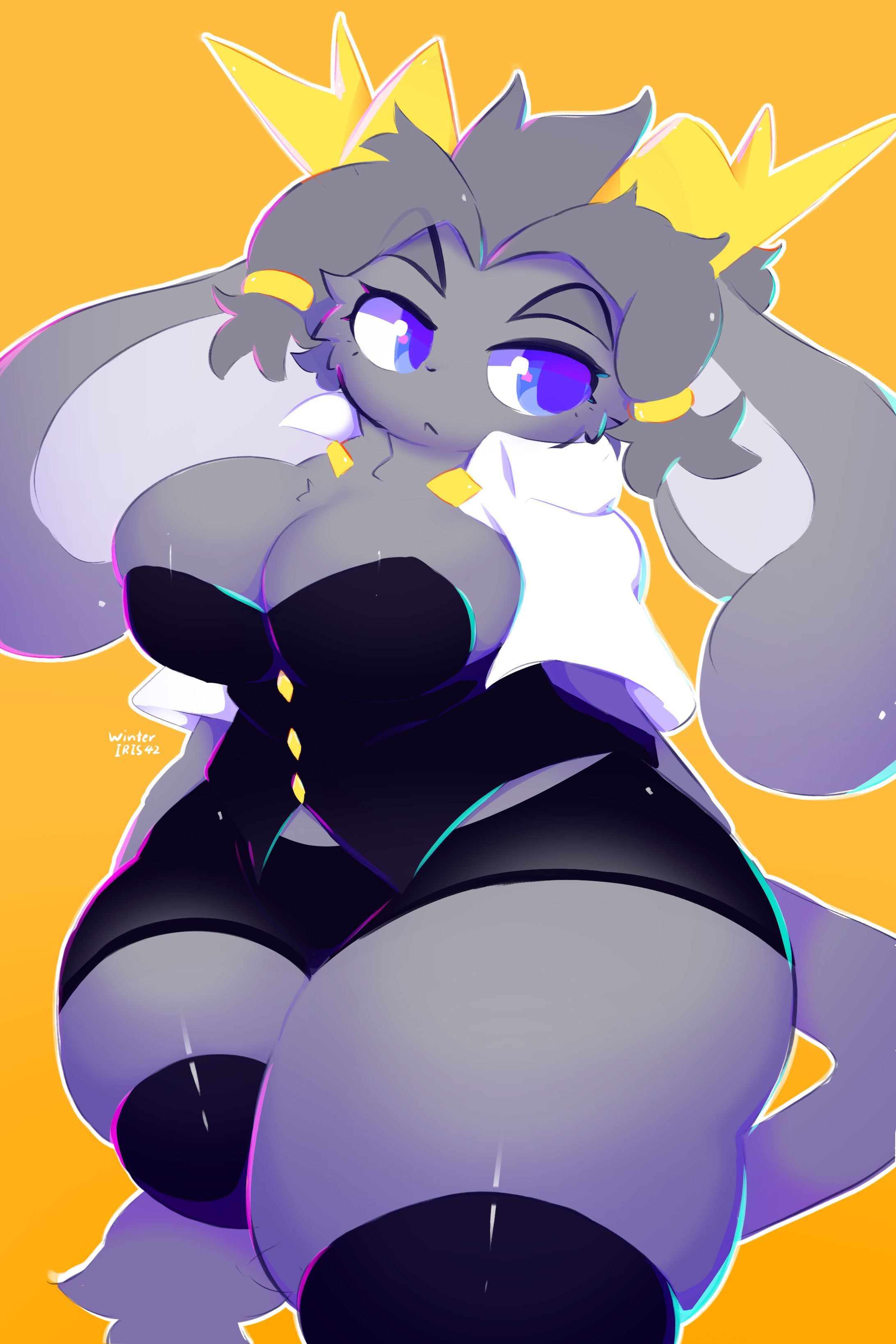 1girls, anthro, antlers, ass, blue eyes, breasts, bunnysuit, female, grey body, grey fur, grey hair, long ears, pseudoregalia, stars, sybil (pseudoregalia), thick thighs, thigh boots, thigh highs, thighhighs, winteriris42