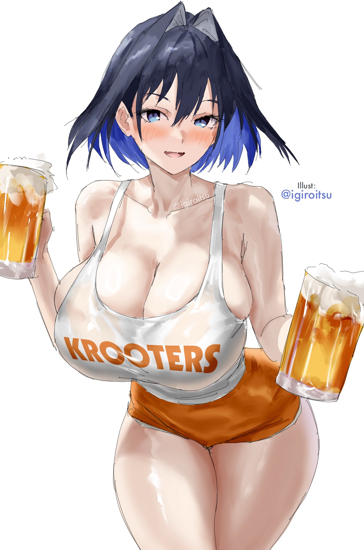 1girls, beer, big breasts, blue hair, blue-haired female, breasts, clothed, clothed female, female, female focus, female only, hololive, hololive english, hololive english -council-, hololive english -promise-, hooters, hooters uniform, igiroitsu, large boobs, large breasts, ouro kronii, solo, solo female, solo focus, thick thighs, thighs, virtual youtuber