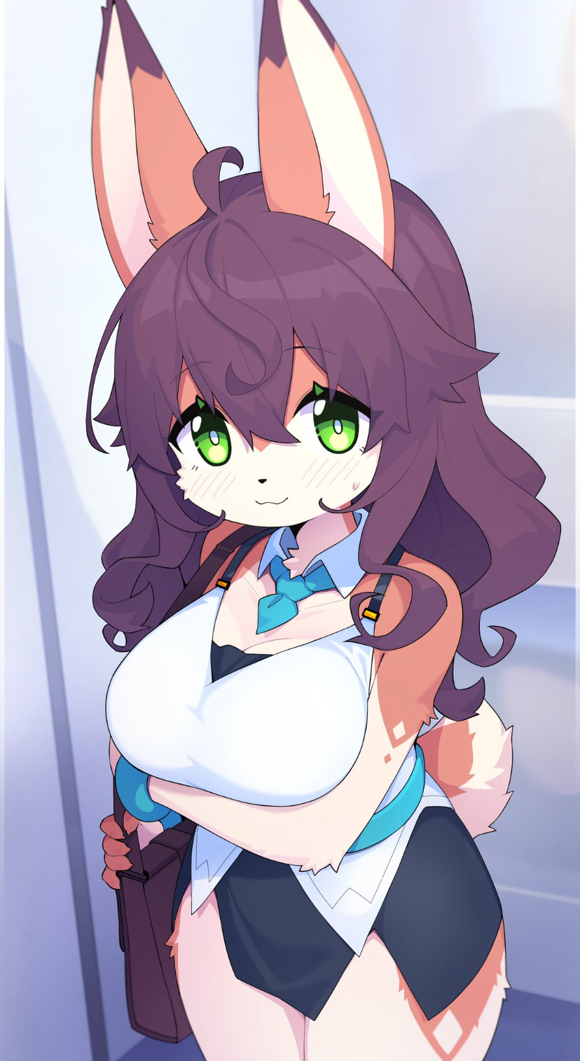 big breasts, breasts, cute, dev voxy, devil-vox, devvoxy, female, furry, green sclera, liya (devil-vox), long ears, long hair, looking at viewer, short skirt, white fur