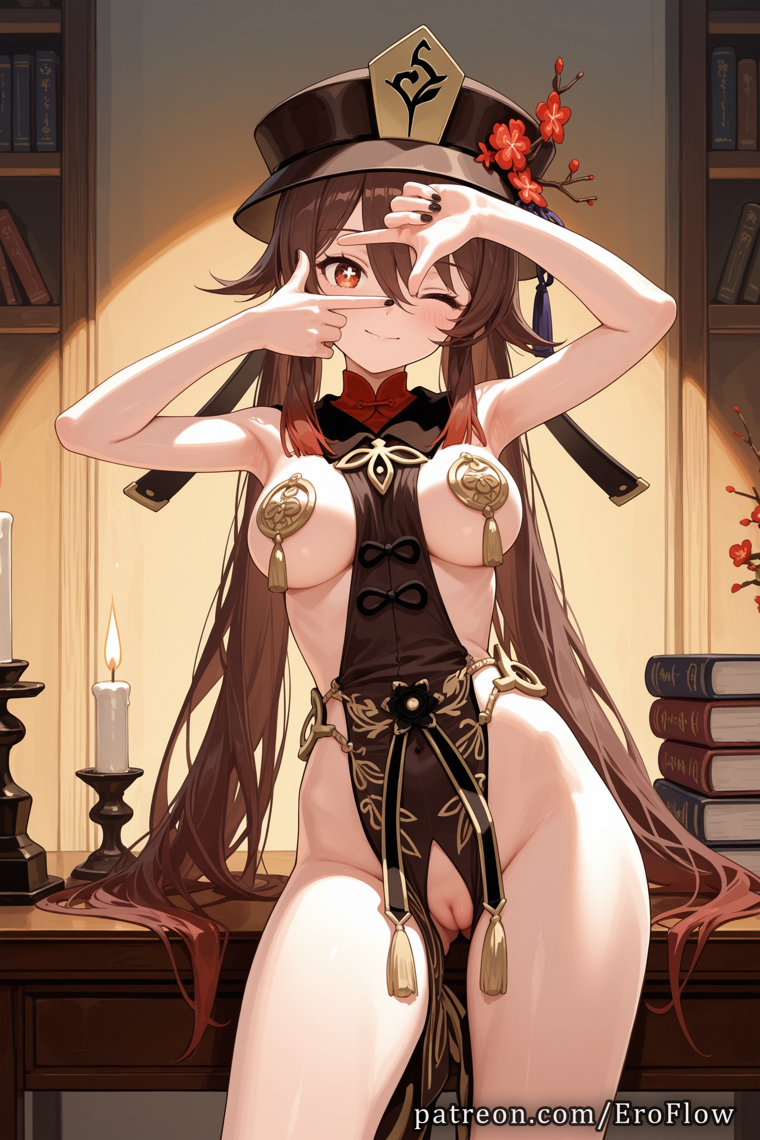 1girls, 2025, ai generated, armpit, armpits, ass visible through thighs, bangs, bare arms, bare shoulders, black headwear, black nails, blush, boo tao (genshin impact), book, breasts, brown hair, candle, chinese clothes, cleft of venus, closed mouth, eroflow, female, flower, genshin impact, hair between eyes, hat, hat flower, hi res, highres, hoyoverse, hu tao (genshin impact), indoors, long hair, looking at viewer, medium breasts, mihoyo, mihoyo technology (shanghai) co. ltd., no panties, one eye closed, pasties, patreon, pelvic curtain, plum blossoms, porkpie hat, pussy, red eyes, revealing clothes, smile, solo, tassel, thighs, twintails, very long hair, voluptuous, voluptuous female