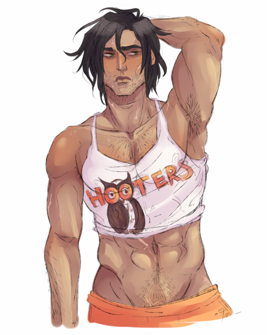 1boy armpit_hair bara body_hair crop_top femboy_hooters hooters male male_only meme muriel_(the_arcana) muscular muscular_male shorts slutty_outfit solo sweat tagme tagme_(artist) the_arcana unknown_artist