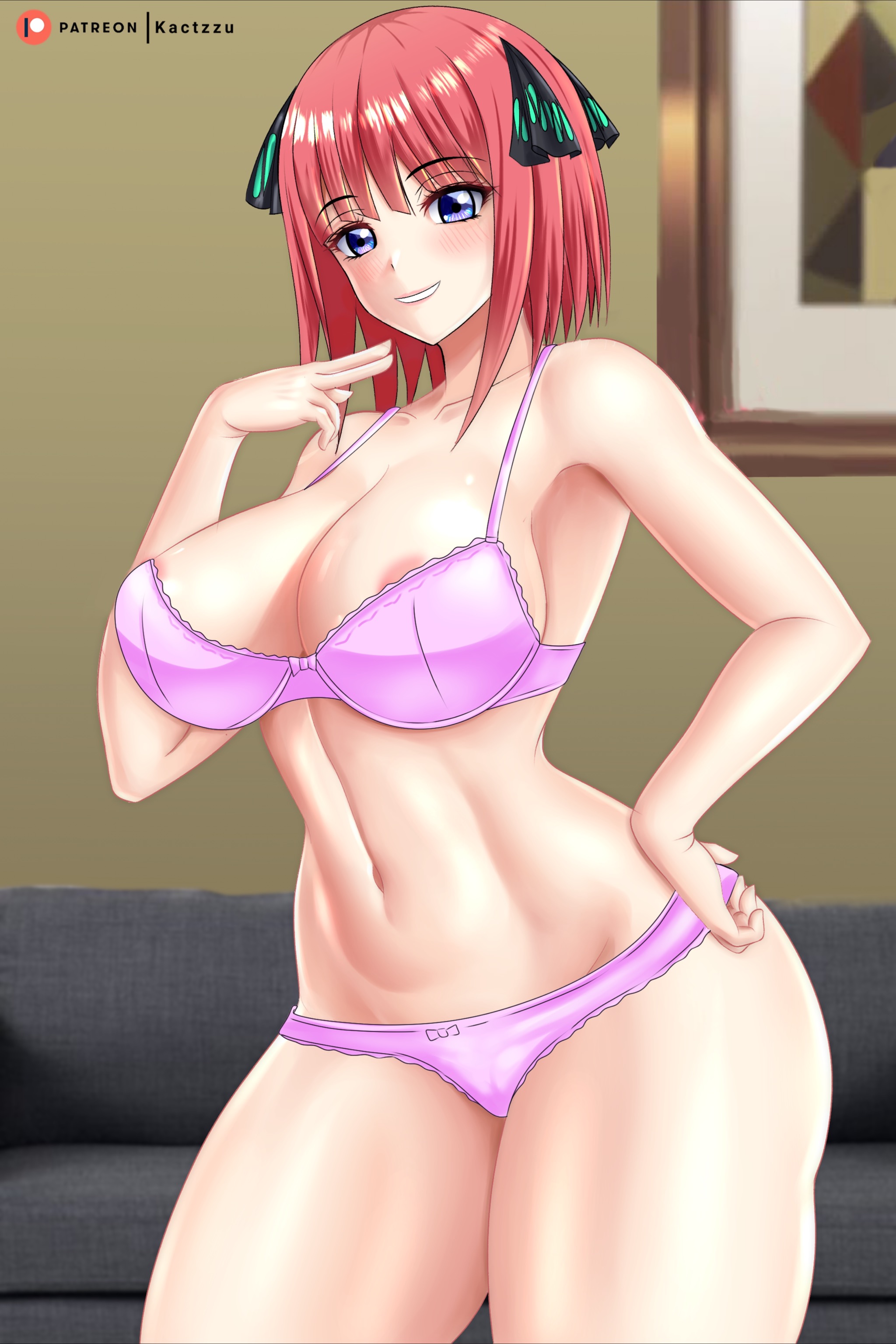 1girls, armpits, big breasts, blue eyes, bra, breasts, butterfly hair ornament, curvaceous, curvy, curvy figure, female, go-toubun no hanayome, hair ornament, hands on hips, kactzzu, large breasts, medium hair, nakano nino, nip slip, nipple slip, panties, red hair, smile, smiling, smirk, smirking, solo, standing, thick thighs, thighs, toned, toned body, toned stomach, underwear, voluptuous, wide hips