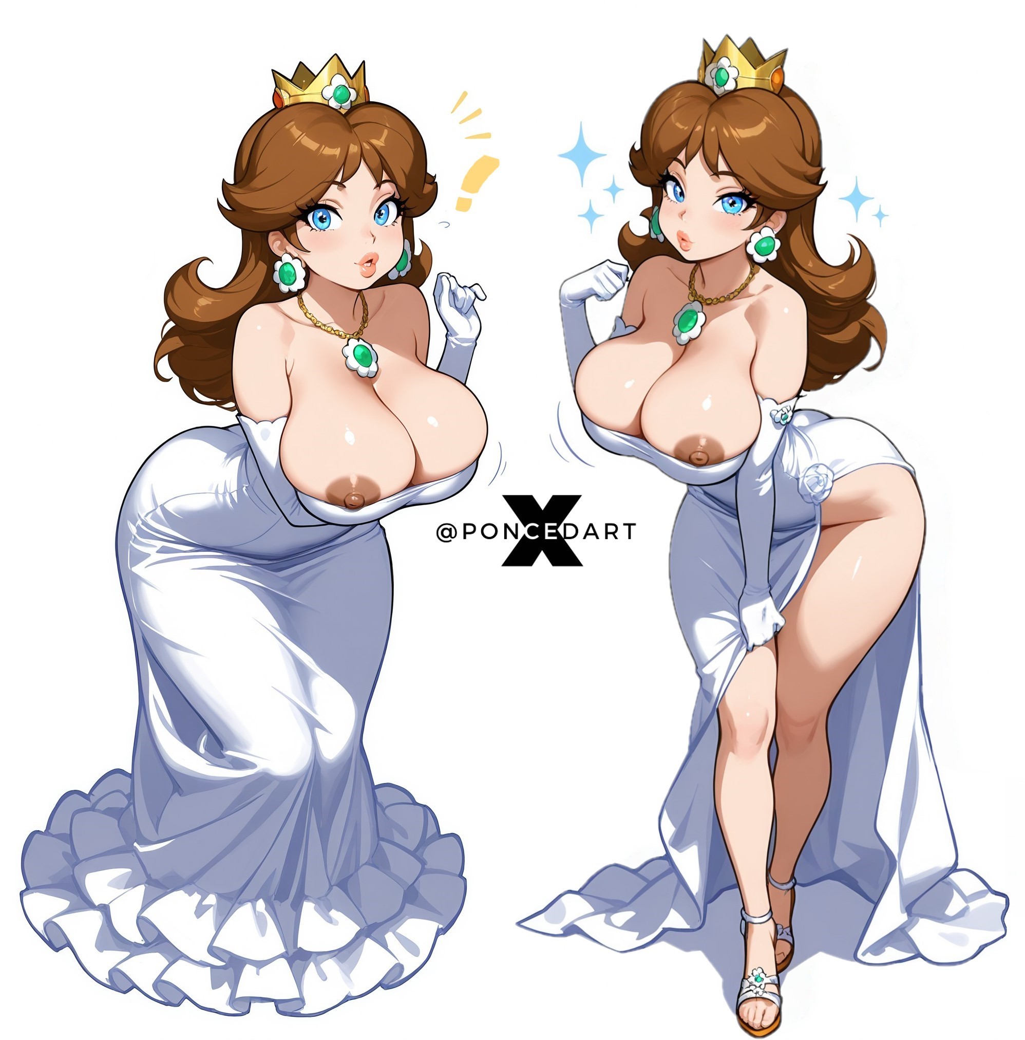 2girls, ai generated, ass, bending forward, bent forward, big breasts, bimbo, breasts, clone, female, high heels, huge breasts, long hair, looking at viewer, mario (series), nintendo, nipple bulge, nipple peek, nipple slip, no bra, poncedart, princess daisy, watermark, white background, white dress