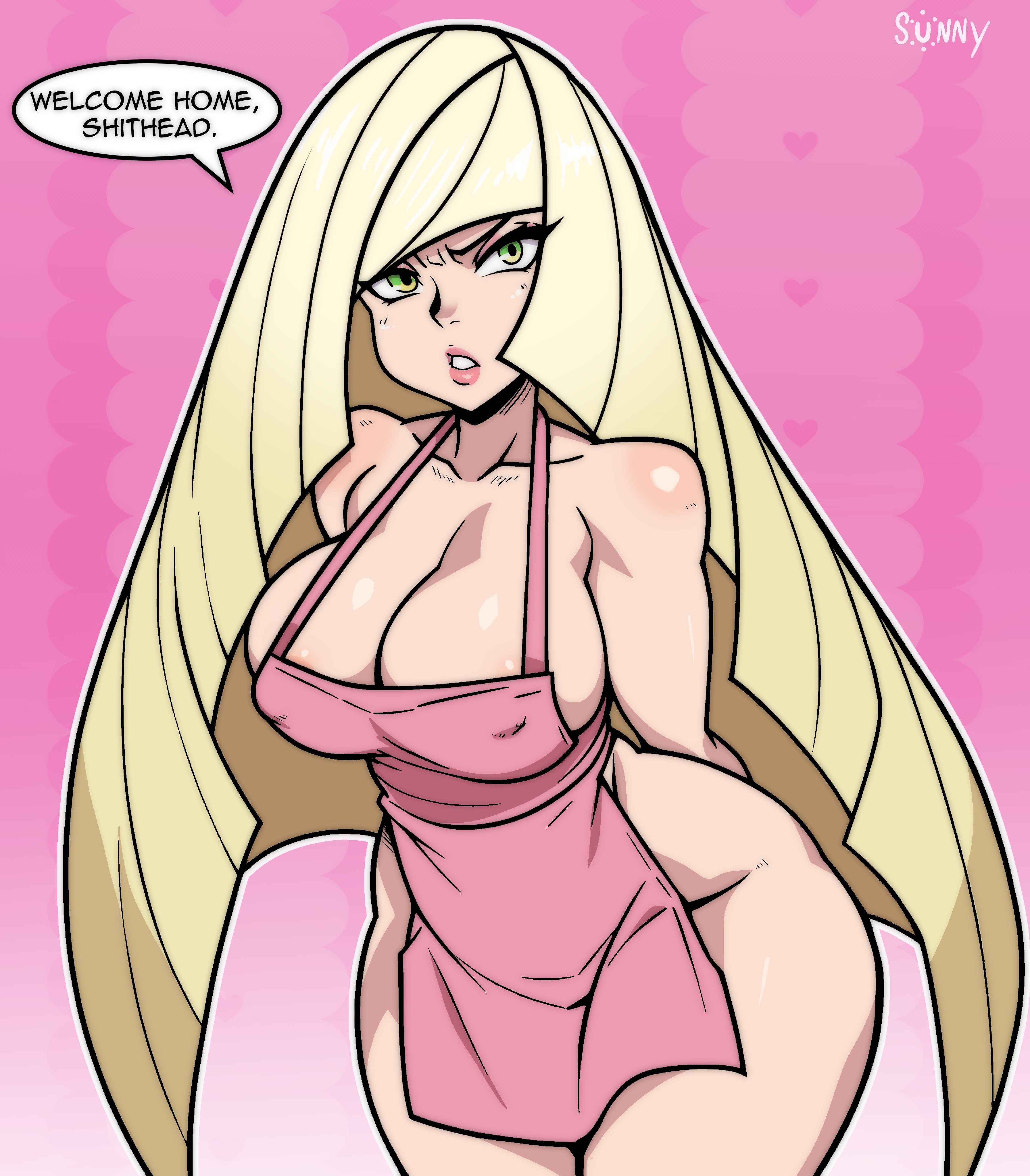 1girls, annoyed, apron, apron only, big breasts, blonde hair, breasts, cleavage, english, english text, female, female only, game freak, green eyes, hair, hips, huge breasts, lips, long hair, lusamine (pokemon), mature, mature female, milf, mother, naked apron, pink apron, pokemon, pokemon sm, solo, solo female, speech bubble, sunny di, text, thick thighs, thighs, very long hair, wide hips