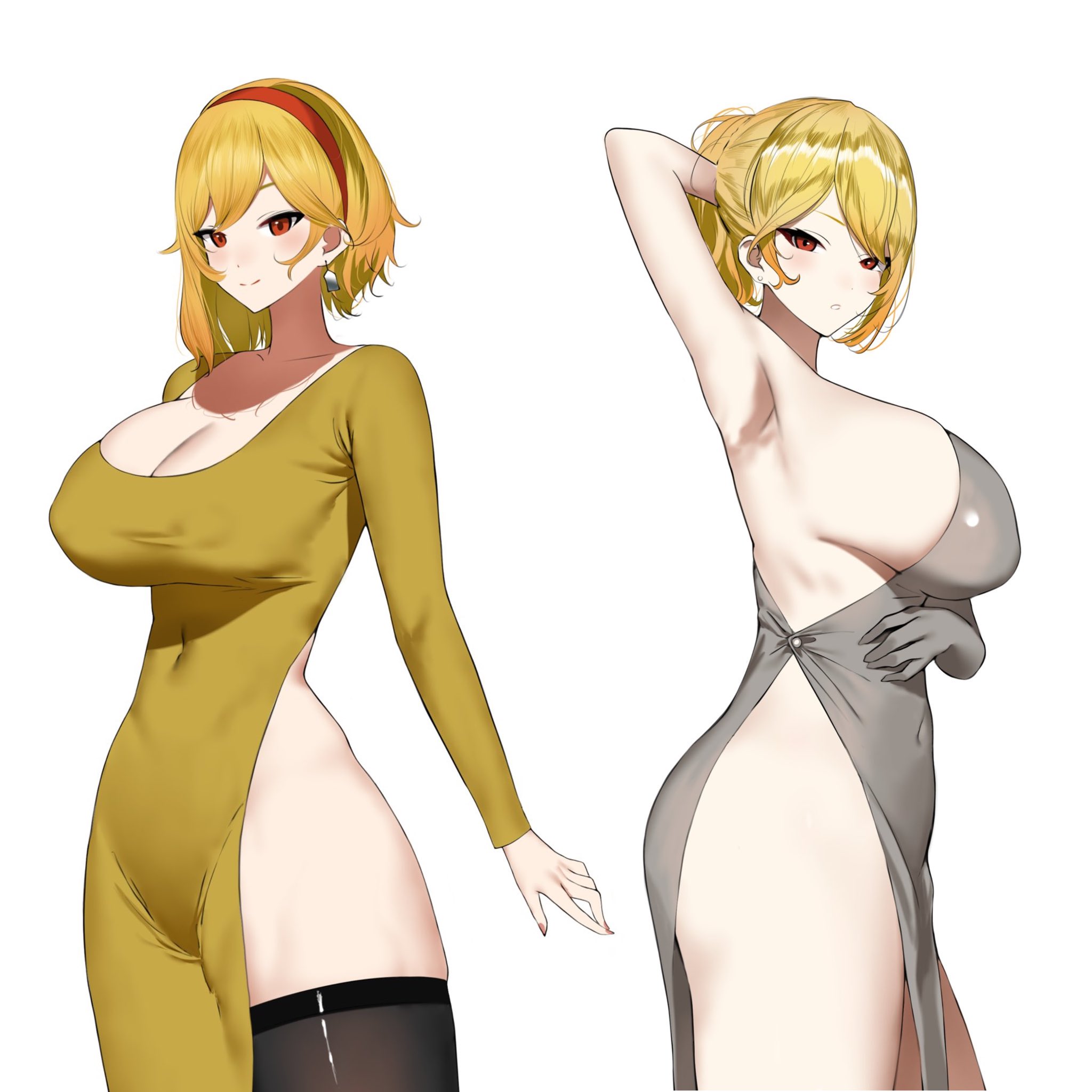 1girls, armpit, armpits, artist request, belly button, big breasts, blonde hair, breasts, cleavage, dress, ear piercing, female, fully clothed, hand behind head, hololive, hololive indonesia, hololive indonesia holoh3ro, kaela kovalskia, looking at viewer, pelvic line, red eyes, sideboob, stockings, tagme, thick thighs, thigh cutout, thighhighs, tight clothing, virtual youtuber, vtuber