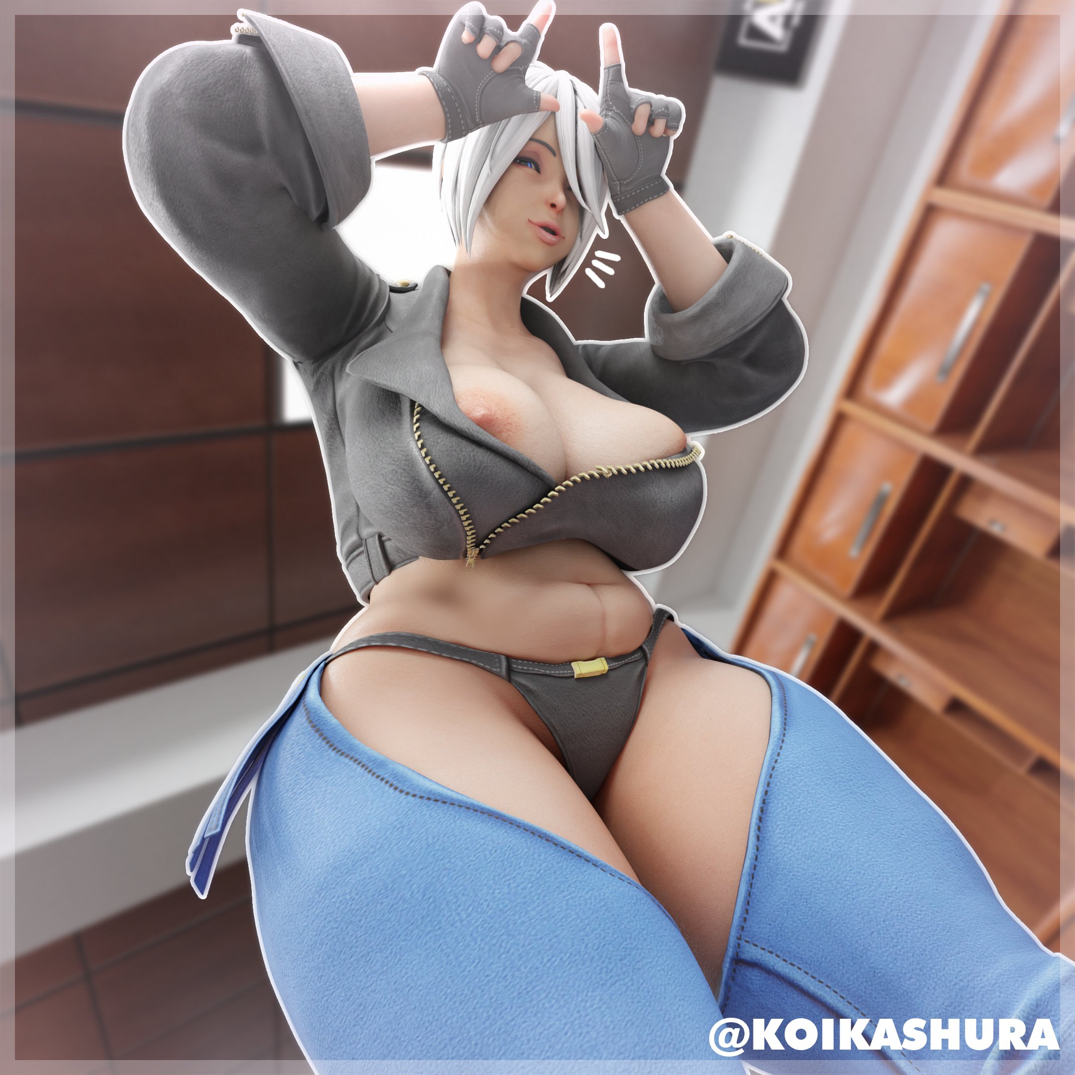 1girls, 3d, angel (kof), big breasts, breasts, female, female only, huge breasts, king of fighters, koikashura, latina, nipples, snk, solo, white hair