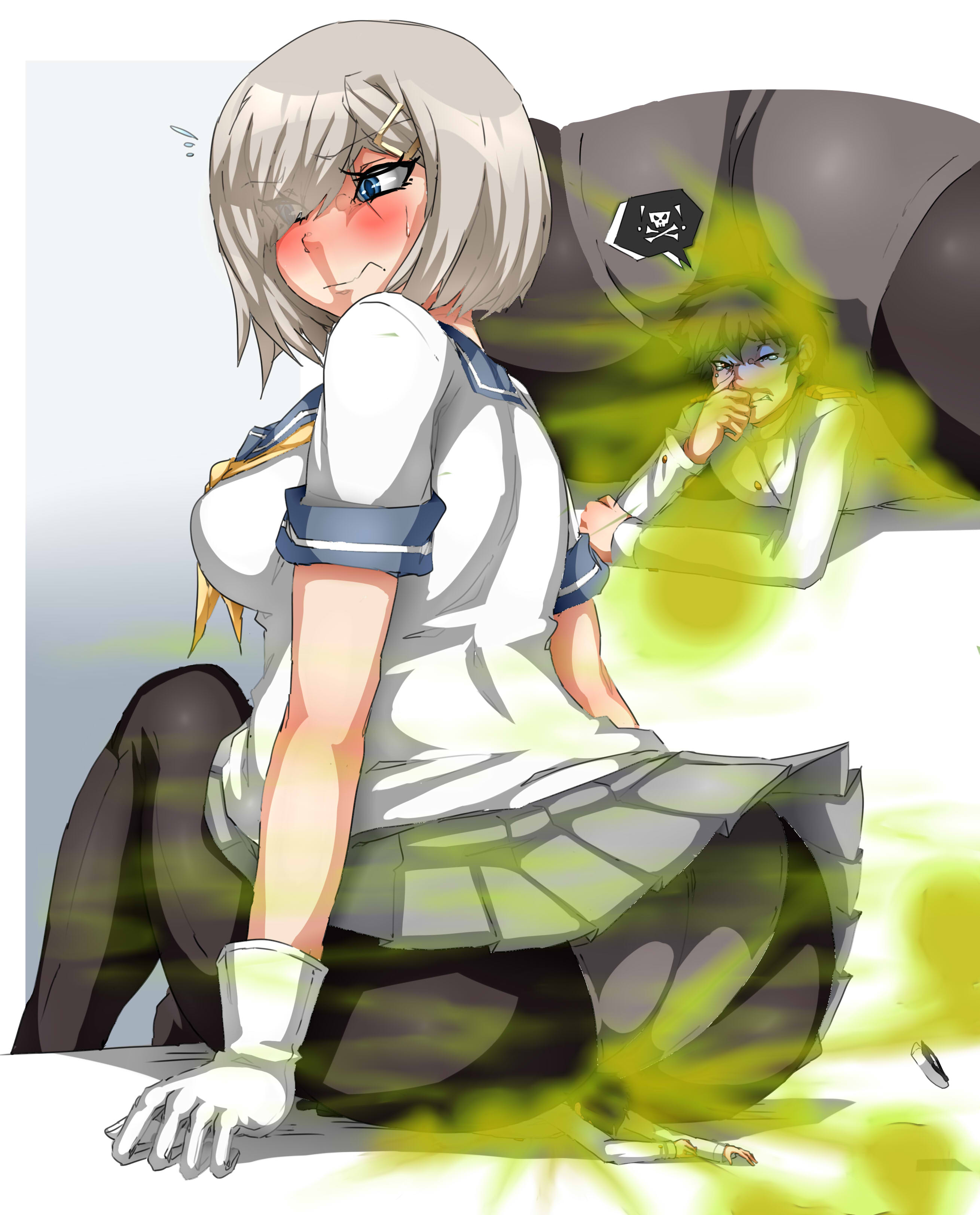 1boy, 1girls, admiral (kantai collection), ass, big ass, big butt, blue eyes, blush, fart, fart cloud, fart fetish, farting, female, giantess, gloves, grey hair, grey skirt, hairclip, hamakaze (kantai collection), kantai collection, lazei, leggings, male, one eye closed, panties visible through clothing, rear view, shoulder length hair, sitting, sitting on person, skirt, smaller male, tears, viewed from behind, white gloves