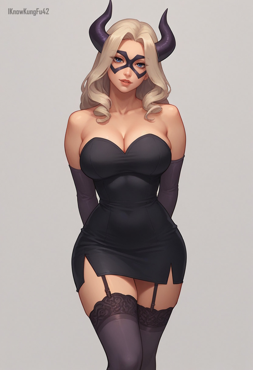 1girls, ai generated, artist name, big breasts, black clothing, black dress, blonde hair, blue eyes, breasts, cleavage, clothed, clothing, domino mask, dress, elbow gloves, eyelashes, female, female only, garter straps, gloves, hips, horns, hourglass figure, human, iknowkungfu42, large breasts, light skin, light-skinned female, lips, long hair, looking at viewer, mask, masked female, mount lady, my hero academia, parted lips, simple background, smile, solo, stockings, takeyama yuu, thighhighs, wavy hair, white background, wide hips